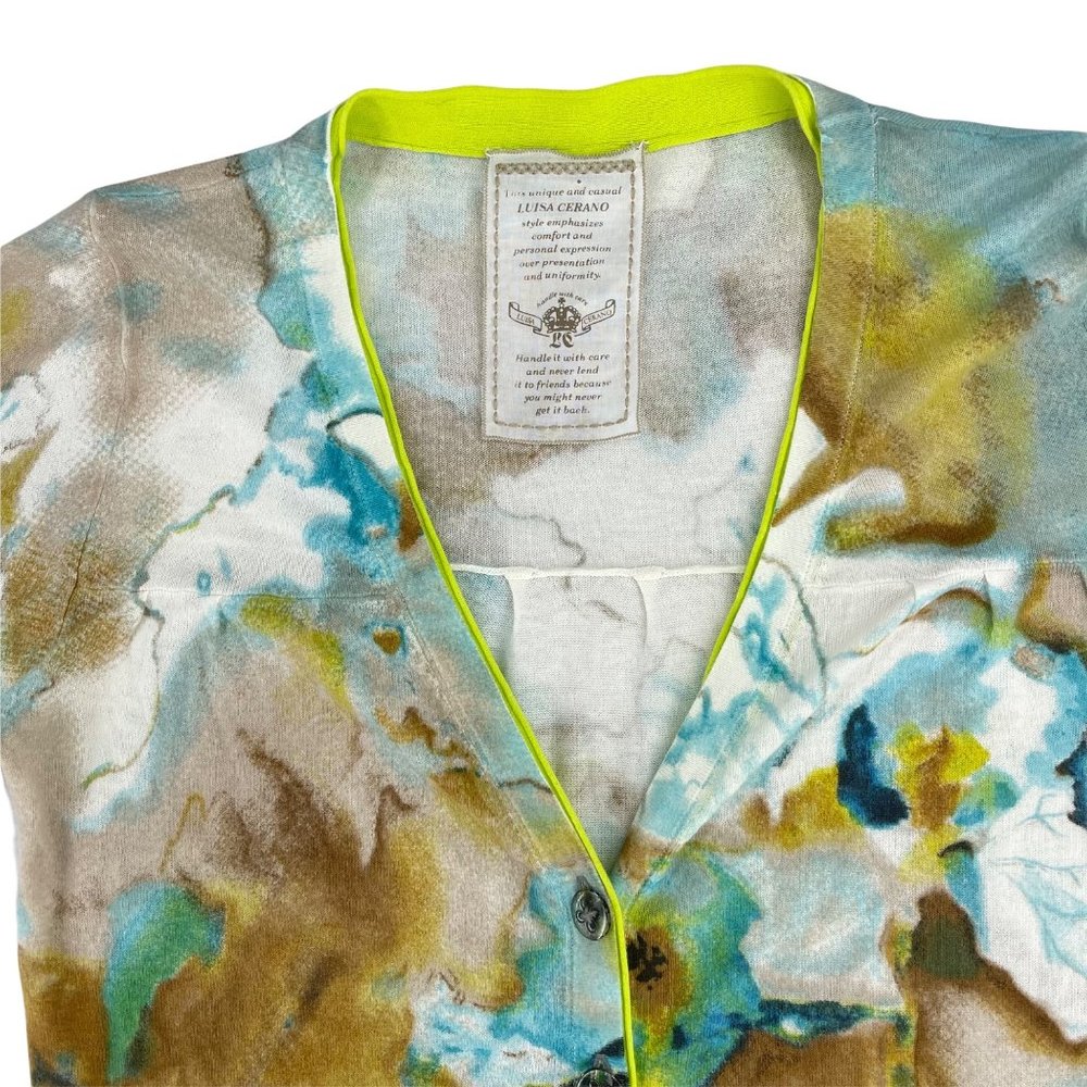 Luisa Cerano Watercolor Tye-Dye Bright Green V-neck Soft Cardigan Women's Size 6 - Picture 8 of 11